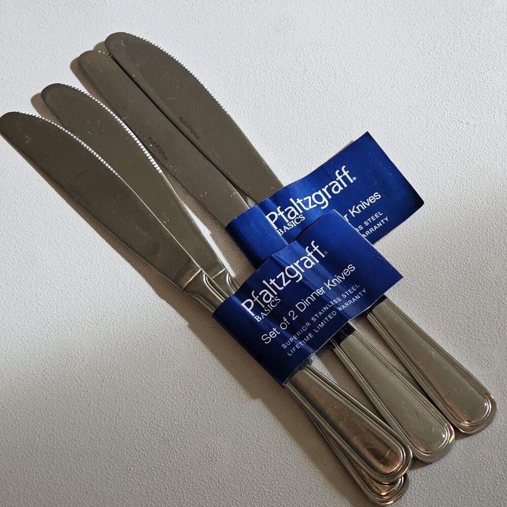 4 Pfaltzgraff Basics Dinner Knives 9" glossy stainless knife double outline